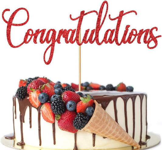 Congratulations Cake Topper,Congrats 2026/Class of 2026 Graduation Retirement Birthday Wedding Anniversary Celebration Party Supplies (Red Glitter)