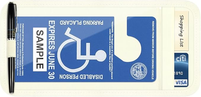 Handicap Placard Holder for Auto, Wisdompro Disabled Parking Permit Sign Protector for Car Sun Visor with Note Paper Slot, Pen Holder and Elastic Strap - Beige