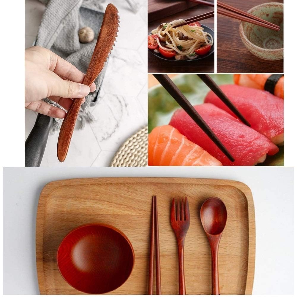 Wooden Utensil Flatware Set Reusable Utensils Travel Cutlery Set for Eating with Case, 10 Pcs Wooden Spoon and Fork Set Bamboo Flatware Set