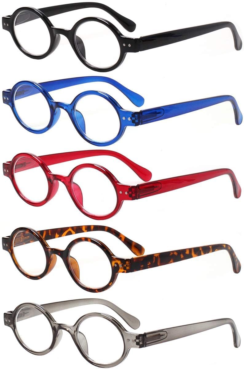 JOSCHOO 5 Pack Retro Round Reading Glasses Mini Small Comfortable Readers for Women Men (5 Mix, 1.5)Medium