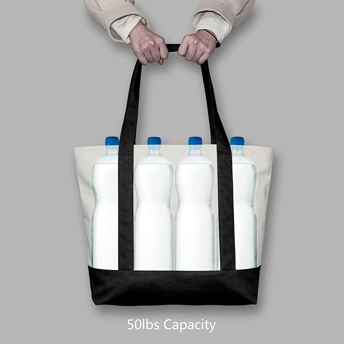 TOPDesign 6-Pack Canvas Tote Bags with an External Pocket, Reusable Grocery Shopping Bags, Top Zipper Closure, Daily Essentials (Black/Natural)