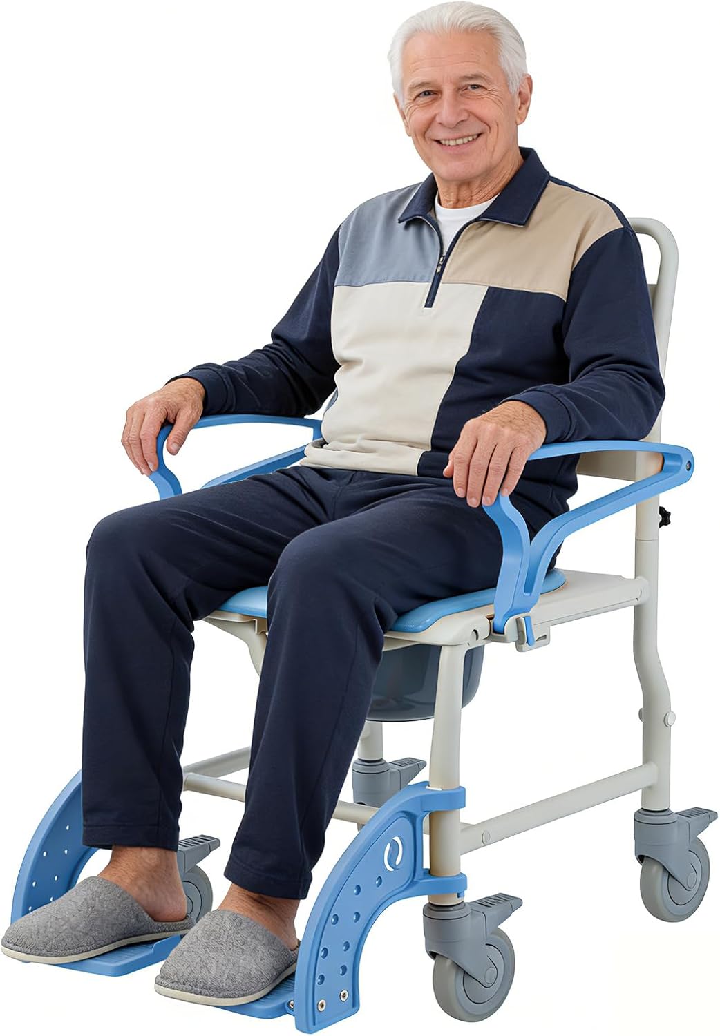 4-in-1 Rolling Shower Commode Chair with Wheels for Elderly and Disabled, Wheeled Shower Chair with Bucket and Safety Locking Casters, Bedside Toilet Riser for Seniors, 350lbs(Light Blue)