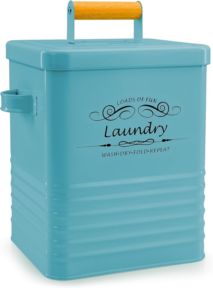 ELITAPRO Detergent Storage Container with Scoop & Lid- Modern Farmhouse Metal Powder Dispenser for Laundry Room Decor and Accessories (Teal)