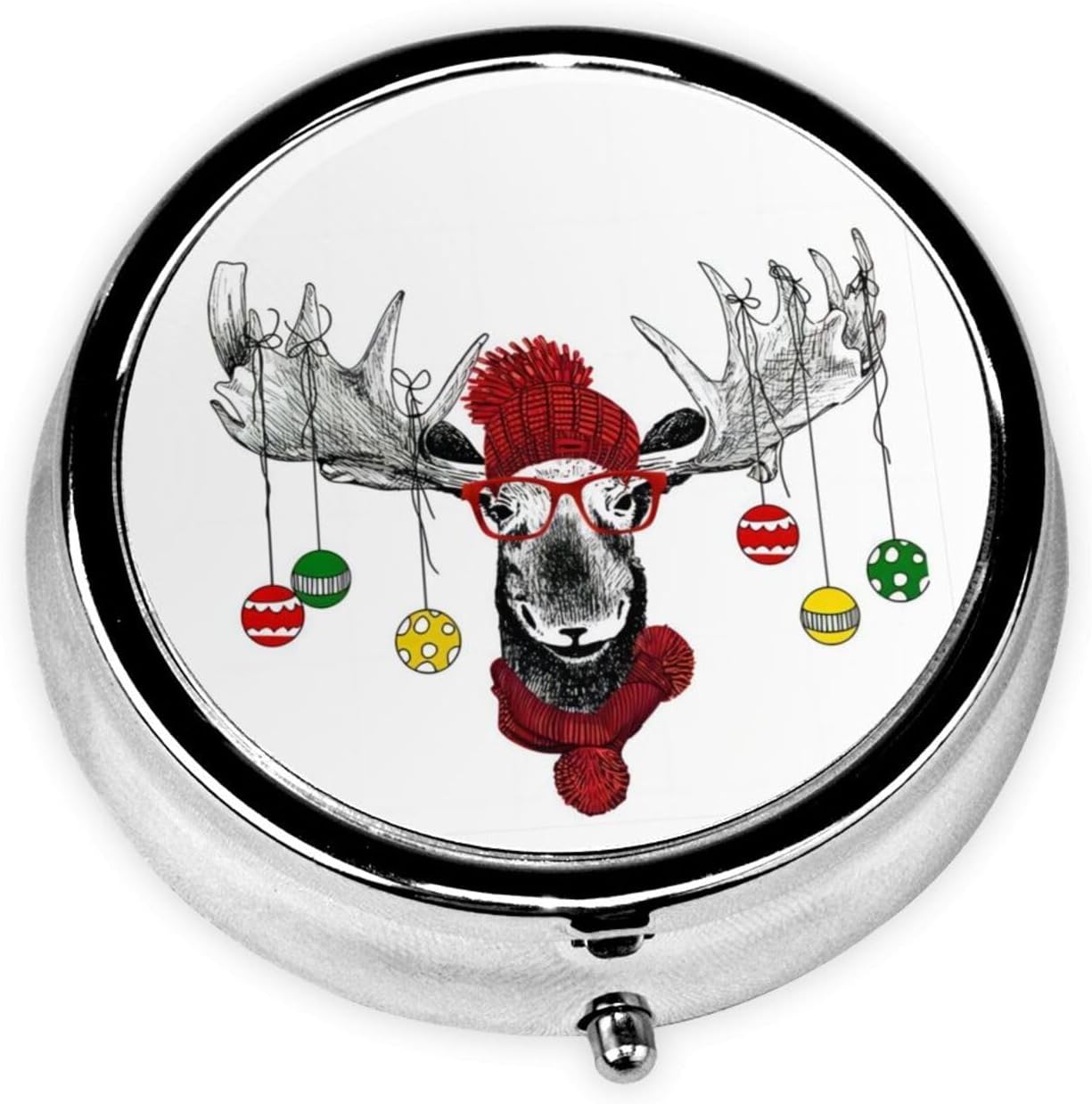 Funny Christmas Moose Printed Round Travel Pill Box Cute Small Metal Pocket Pill Case for Men & Women 3 Compartment Portable Pill Organizer for Purse or Pocket