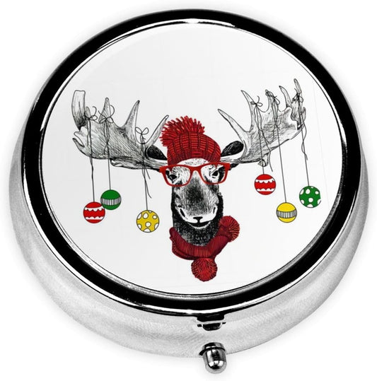 Funny Christmas Moose Printed Round Travel Pill Box Cute Small Metal Pocket Pill Case for Men & Women 3 Compartment Portable Pill Organizer for Purse or Pocket