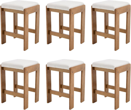 HEAH-YO Modern Bar Stools Set of 6, 27 Inch Saddle Counter Stools with Natural Wood Legs, Backless Kitchen Stool for Island, Linen Beige