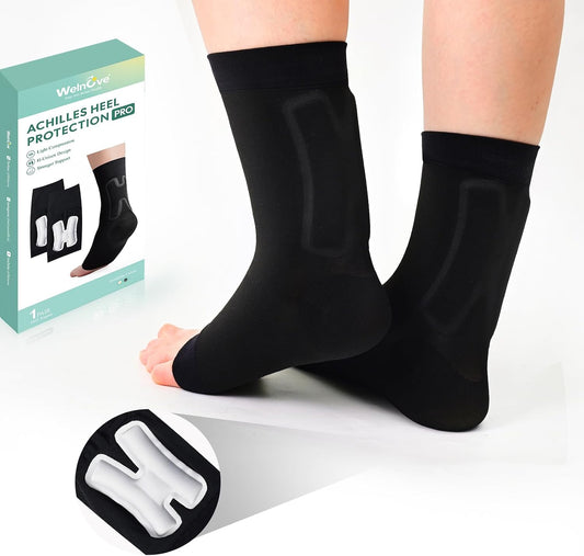 Welnove Achilles Tendonitis Heel Protector Sleeves H-Shape Achilles Tendon Support Compression Gel Padded Sleeve Socks for Cushion of Bursitis, Tendonitis, Tenderness, Dry Cracked - Black,Regular
