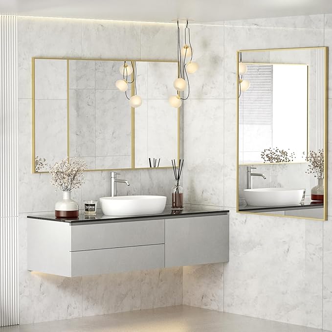 Koonmi Gold Mirrors for Wall, 24x36 Inch Bathroom Mirror, Rectangular Wall Mirror for Living Room Bedroom Bathroom, Hangs Horizontally or Vertically