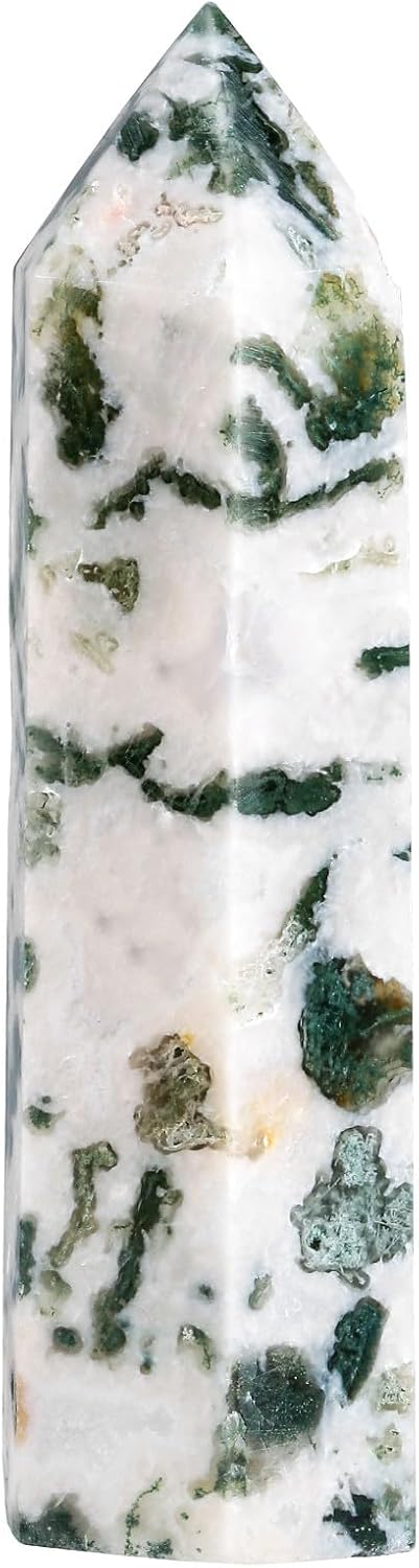moonsix Natural Moss Agate Healing Crystal Wand Hexagonal Pointed Energy Stone Tower for Meditation Therapy Divination Decoration, 2.36-3.15 Inches