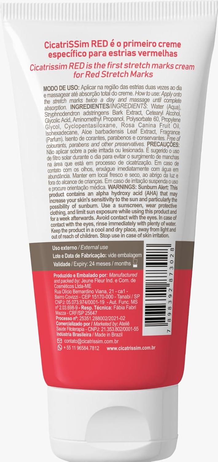 Cicatrissim Red For Removal of Red and Purple Stretch Marks - Innovative Formula With Pure and Powerful Natural Ingredients From Brazilian Flora - For All Skin Types.