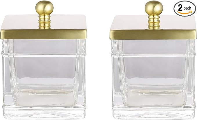 Glass Cotton Jar Holder 2 Packâ Brushed Gold Lid, Elegant Bathroom Storage Canister for Qtips, Cotton Balls, Floss, Makeup Organizer, Vanity & Bathroom Organization
