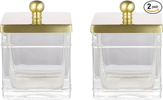 Glass Cotton Jar Holder 2 Packâ Brushed Gold Lid, Elegant Bathroom Storage Canister for Qtips, Cotton Balls, Floss, Makeup Organizer, Vanity & Bathroom Organization