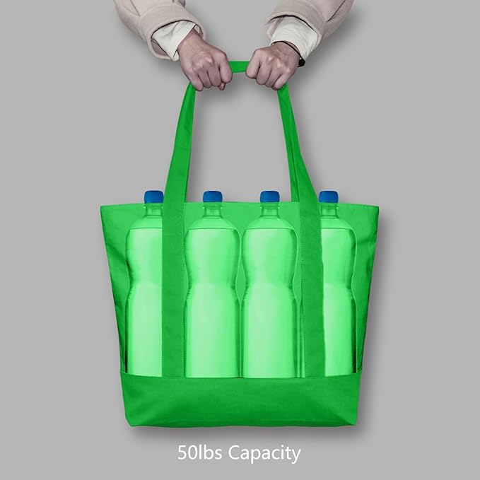 TOPDesign 3-Pack Canvas Tote Bags with an External Pocket, Reusable Grocery Shopping Bags, Top Zipper Closure, Daily Essentials (Lime Green)