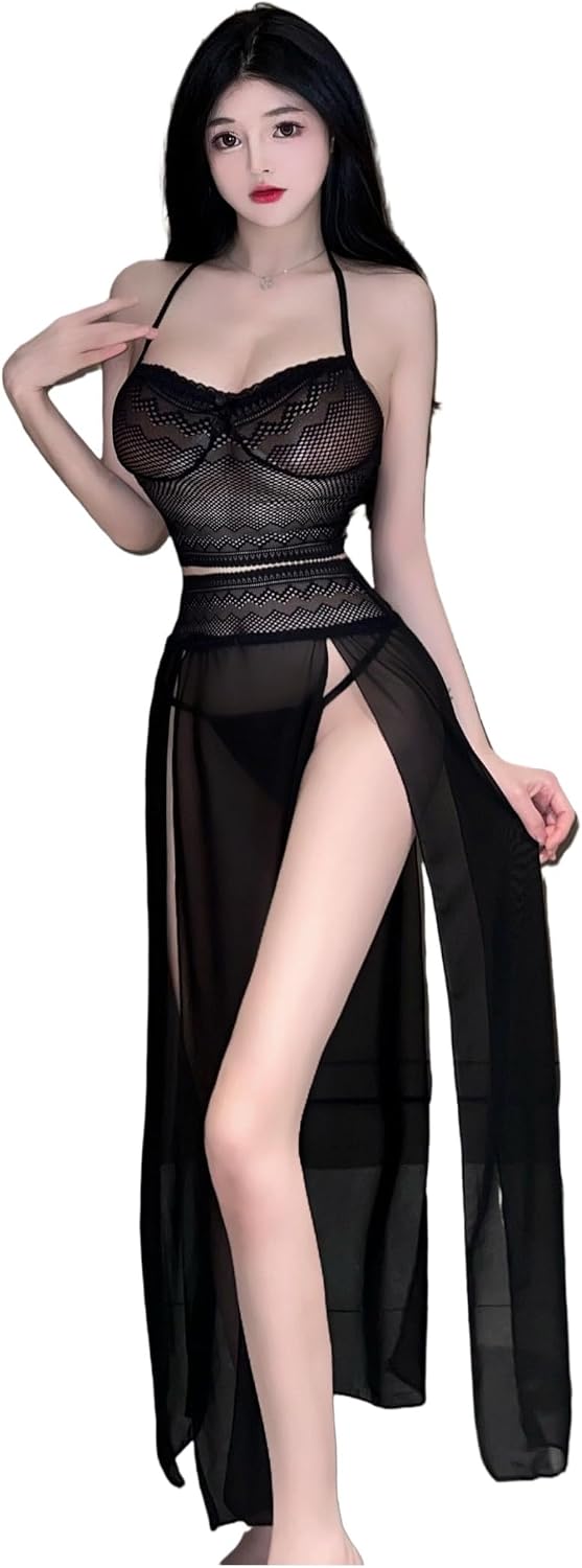 Sexy underwear lace strapless see-through seductive pajamas sexy slit long dress halter lace uniform set
