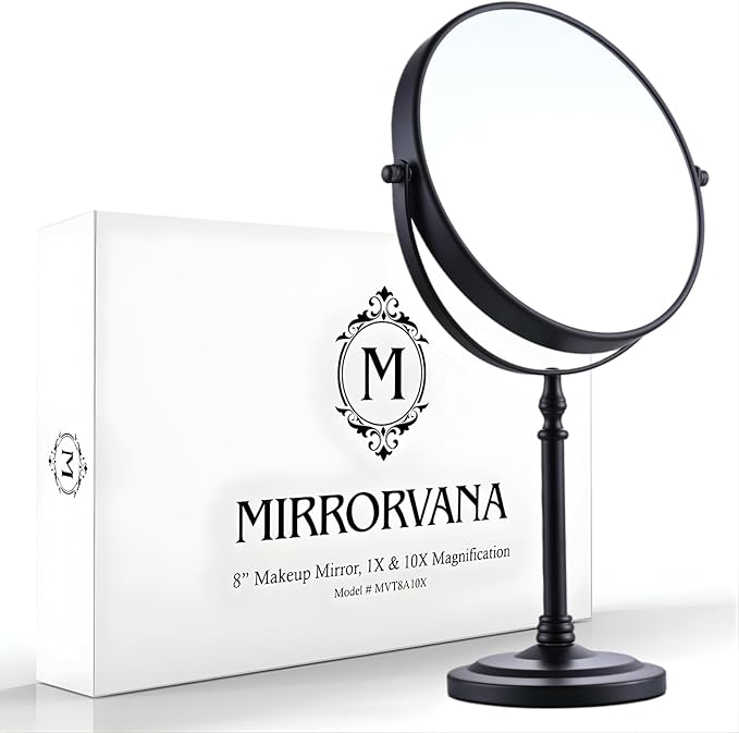 MIRRORVANA Large Double Sided 10X and 1X Magnifying Makeup Mirror with Stand in Gift Box, 15â Tall and 8â Wide (Black)