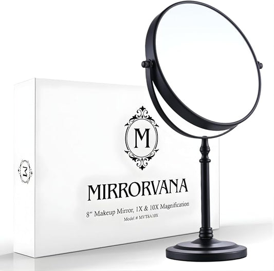 MIRRORVANA Large Double Sided 10X and 1X Magnifying Makeup Mirror with Stand in Gift Box, 15â Tall and 8â Wide (Black)