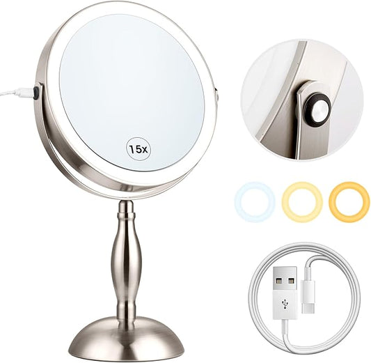 Lighted Makeup Mirror with Magnification, 15x Nickel Lights Makeup Mirror with 3 Colors, 360Â°Rotation Touch Screen & Rechargeable Double Sided, Brightness Adjustable, Type-C Charging Cable