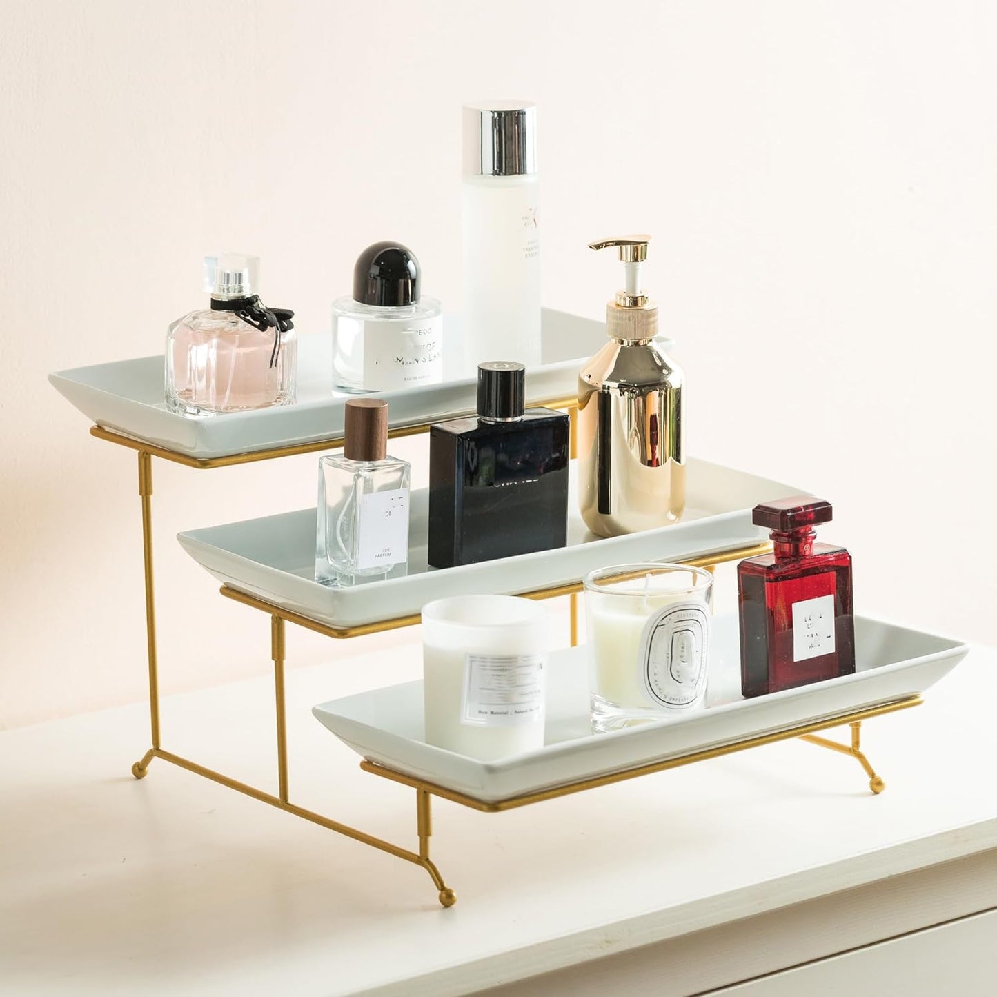 Gomakren 3 Tier Serving Stand with Porcelain Serving Platter Tray - Collapsible Gold Stand with 3 Piece Large14 Inch White Plates for Food Presentation Dessert Server Display and Entertaining