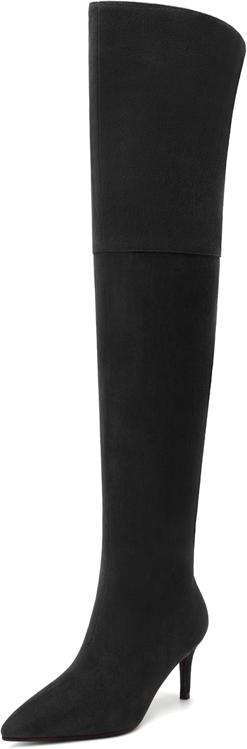 SKYSTERRY Thigh High Boots Over the Knee Boots for Women Pointed Toe Stiletto High Heel Boots Comfortable Wide Calf Side Zipper Pull On Wedding Party Dating Long Fall Boots 2.4 Inch