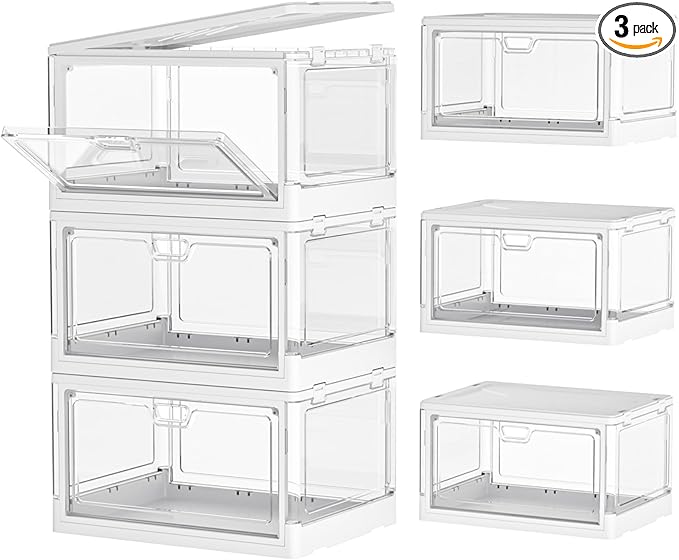 Clear Storage Bin with Lid 3 Pack ãStackable & Sturdyã Plastic Multifunctional Folding Storage Bins for Bedroom, Living Room, Study,Room, 23 QT Folding Box with Magnetic Door