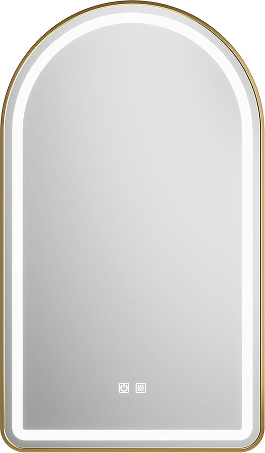 30x40 inch Gold Tempered Glass LED Arched Mirror for Bathroom Vanity Mirror or Wall Decor Arch Mirror Brushed Metal Frame Wall Mounted Mirror for Bathroom