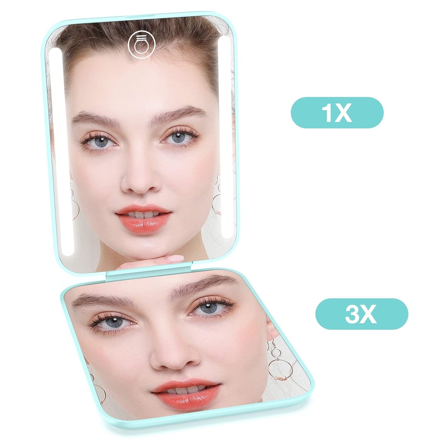 Kintion Rechargeable Pocket Mirror, Double Sided 1X/3X Magnification Compact Vanity Mirror, 3 Color Lights, Dimmable, Small Portable Wallet Mirror, Lighted Travel Mirror for Women Gifts, Cyan