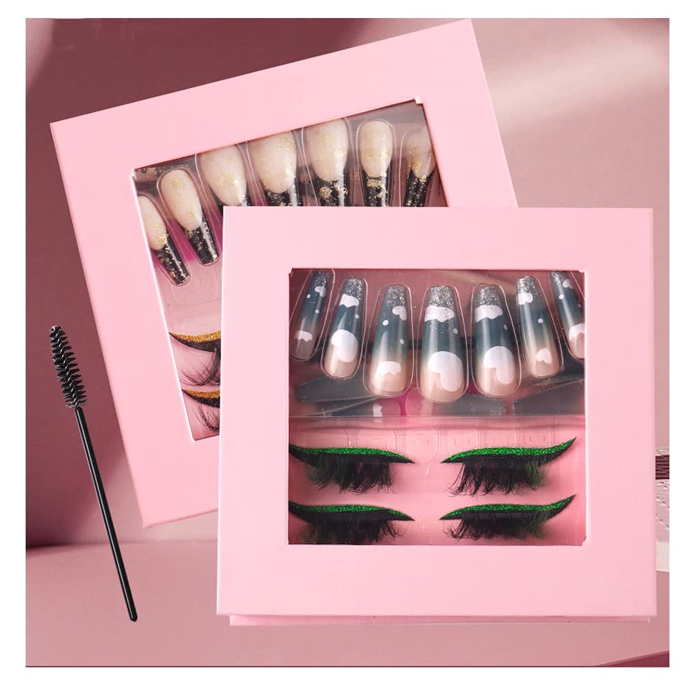 HBZGTLAD 3 in1 color eyeline Press On Nail with Eyelash Packing Boxes Set Package Pink White DIY Lashes and Nail Suit Box 1setâ¦ (SET-52)