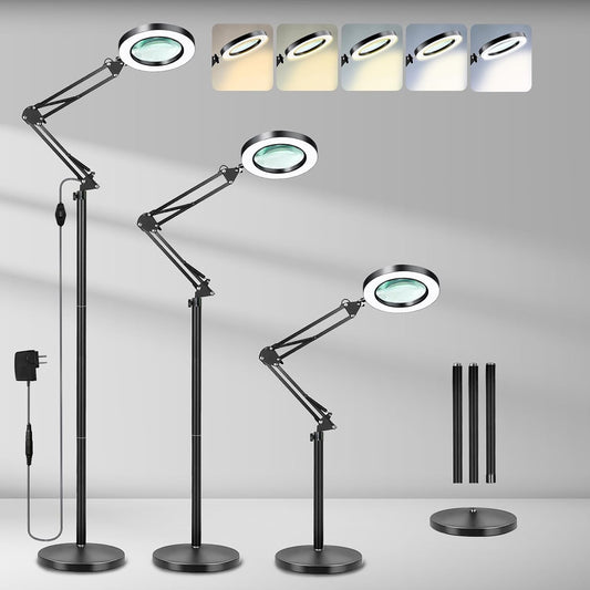 10X Large Floor Magnifying Glass with Light and Stand, 3-in-1 Adjustable Height Lighted Magnifier, 72 LED Floor Lamp 5 Color Stepless Dimmable Arm Swing Floor Magnifying Lamp for Reading