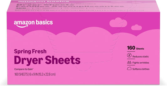 Amazon Basics Dryer Sheets Laundry Fabric Softener, Spring Fresh Scent, Reduces Static, Static Control, 160 Count