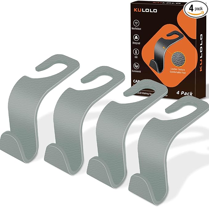 Car Seat Hooks & Purse Holder - 4 Pack Boxed,55 lb Heavy Duty,Eco PP Car Hooks for Purse/Bag/Baby Gear/Gym Bag/Groceries/Cup/,Fits 0.32-0.55âCar Headrest Rods (Grey-2)