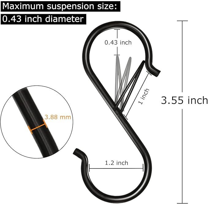 Waitkey 48 Pack S Hooks for Hanging, 3.5 inch Heavy Duty Metal S Hooks with Safety Buckle S Shaped Hooks Pot Rack Closet Hooks for Hanging Plants, Clothes, Kitchen Utensil, Pots, Pans, Bags (Black)