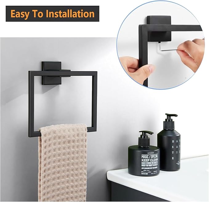 JOPOFI 2-Piece Towel Ring - Thicken SUS 304 Stainless Steel Towel Holder, Towel Racks for Bathroom, Square Modern Design Hand Towel Holder, Contemporary Hand Towel Bar - Matte Black