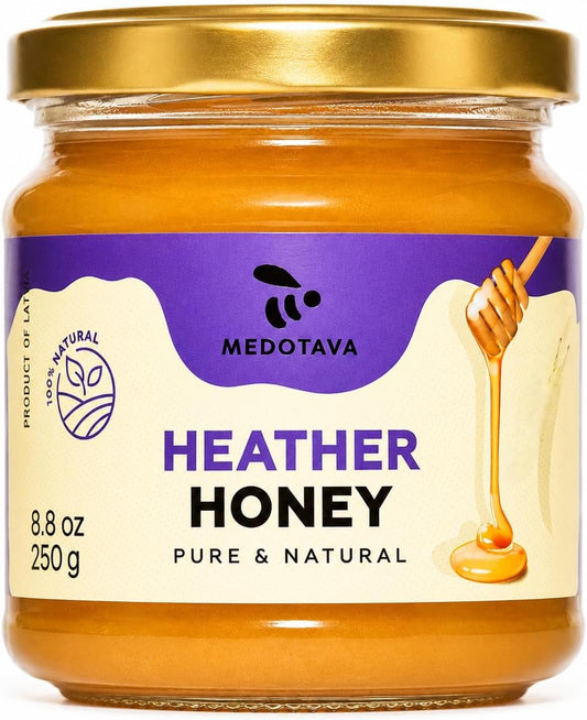 Medotava Heather Honey | 100% Raw and Unfiltered | European Union Organic Certified | No Additives, No Preservatives, No Added Sugar | Hand Harvested | Eco-Friendly Glass Jar | Creamed | 8.8 oz