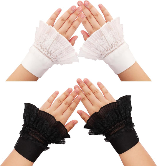 2pcs Floral Layered Lace Wrist Cuffs Sleeves for Women Jabot Cuff Black White Elastic Bracelet for Halloween Cosplay Costumes Wrist Cuffs Costume