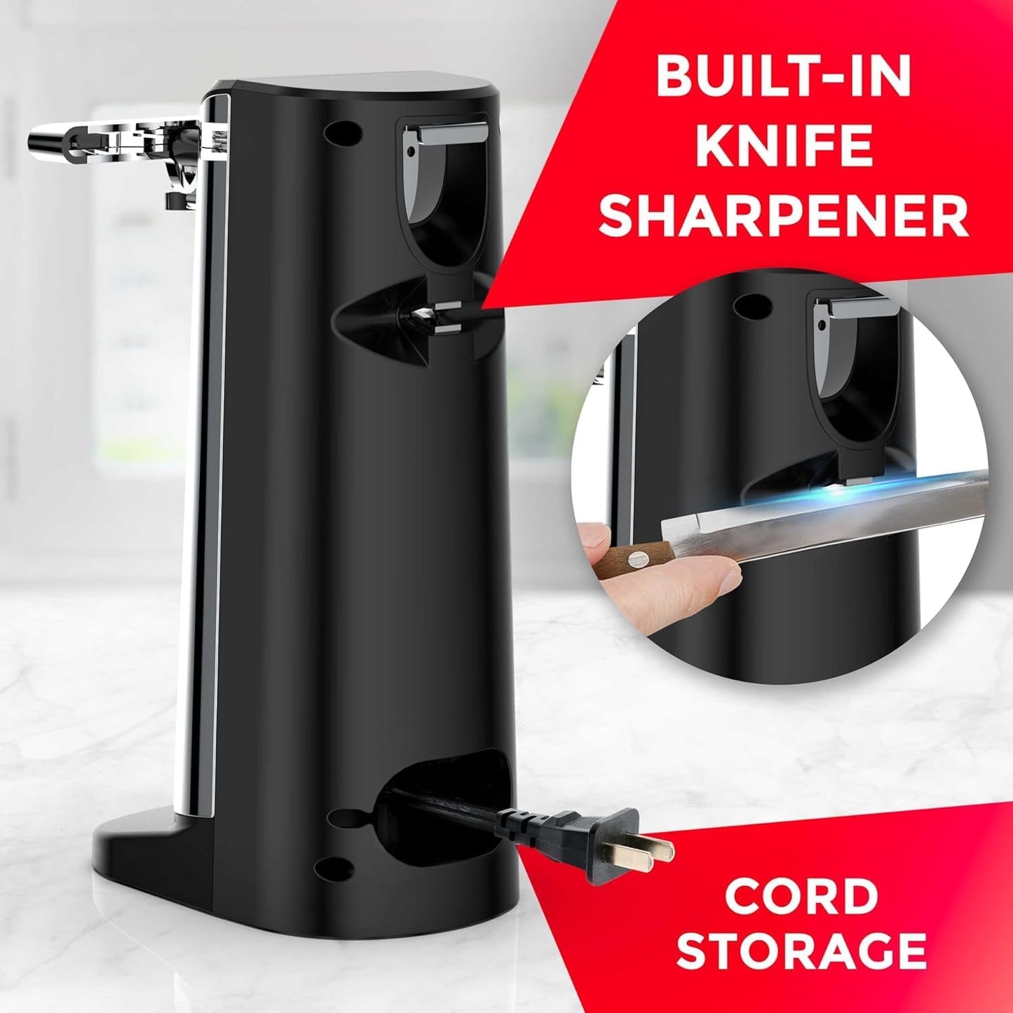 POHL SCHMITT Electric Can Opener, Knife Sharpener & Bottle Opener, Easy Push Down Lever, Works with Standard And Pop-Top Cans, Durable Stainless Steel & ABS - Kitchen Essentials and Accessories