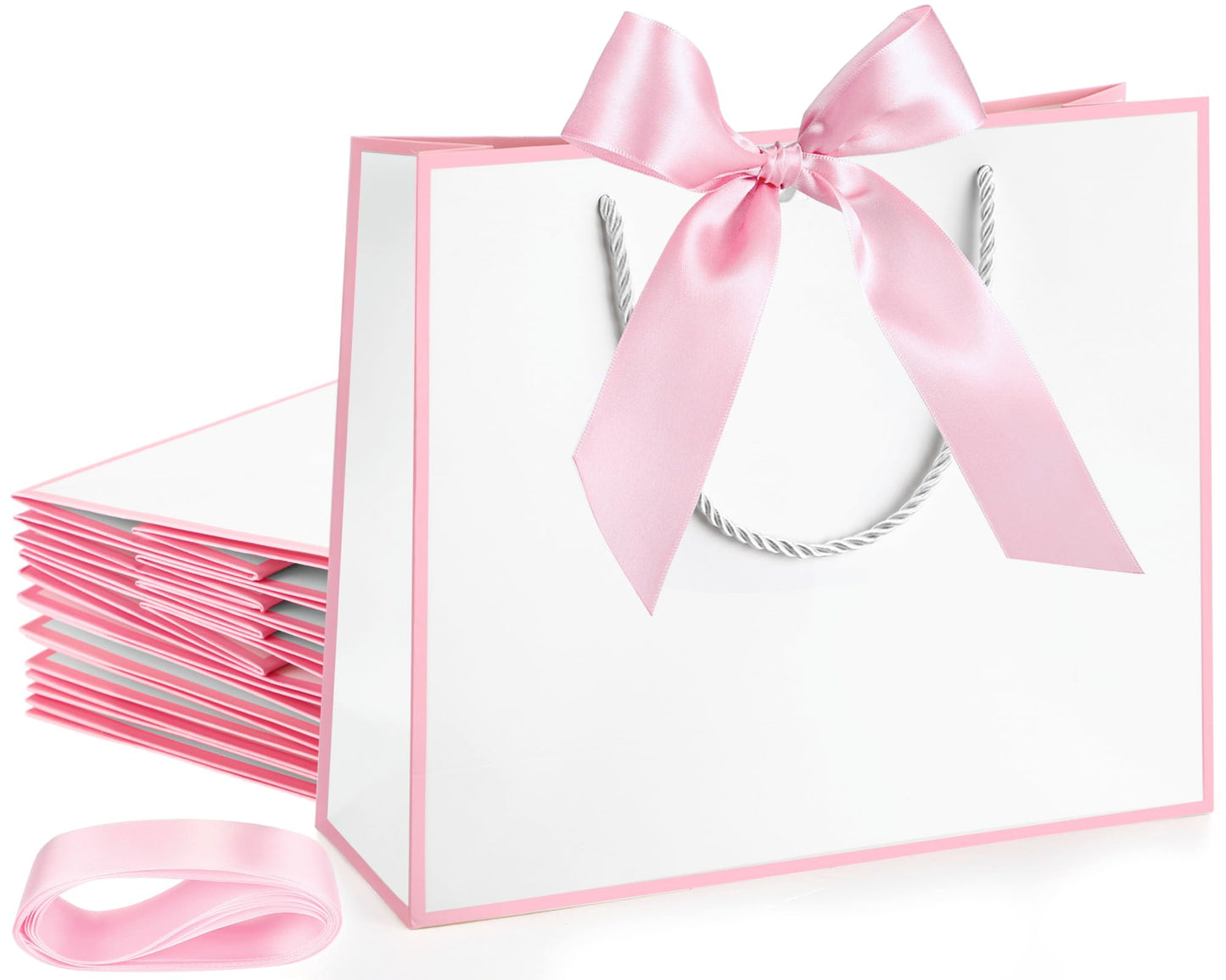 Silkfly 12 Pcs Thank You Gift Bags with Handle 12x10x4'' Welcome Bags Return Gifts with Bow Ribbon for Wedding Bridesmaid Baby Shower Housewarming Birthday Thanksgiving Christmas(White, Pink)