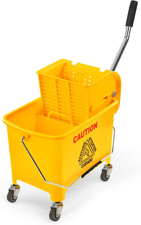 PLASTIC PRINCE Small Mop Bucket with Wringer on Wheels 5 Gallon, Heavy Duty Dual Chamber Mop Bucket Separate Dirty Water, Perfect for Household, 20 Quart Yellow