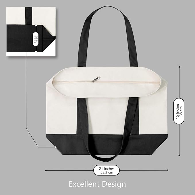 TOPDesign 30-Pack Canvas Tote Bags with an External Pocket, Reusable Grocery Shopping Bags, Top Zipper Closure, Daily Essentials (Black/Natural)