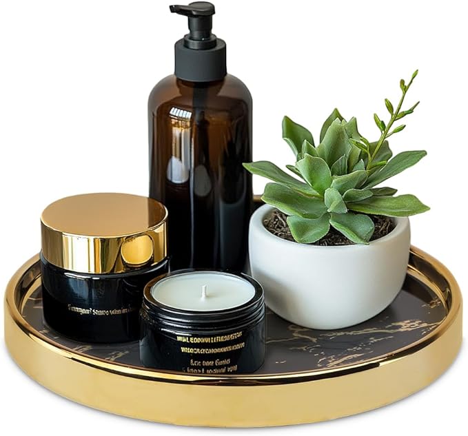 Small Round Black Decorative Tray â Marble Look Jewelry Dish, Perfume Organizer, Makeup Vanity Tray for Dresser, Counter, or Bedroom