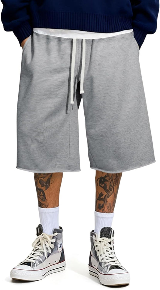JMIERR 2026 Men's Baggy Sweat Shorts Lightweight Under Knee Casual Raw Hem Drawstring Y2K Shorts Loose Fit Gym Shorts
