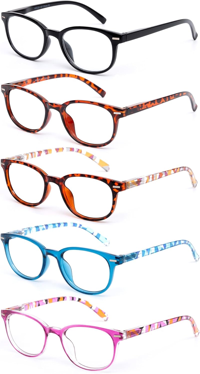 EFE Reading Glasses 5 Pack - Full Rim Eyeglasses with Flexible Spring Hinge, Comfort Readers for Women Men (Mix Color, 3.0)