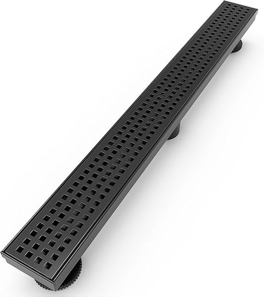WEBANG 28 Inch Linear Shower Drain Rectangular Floor Drain with Accessories Square Hole Pattern Cover Grate Removable SUS304 Stainless Steel CUPC Certified Matte Black