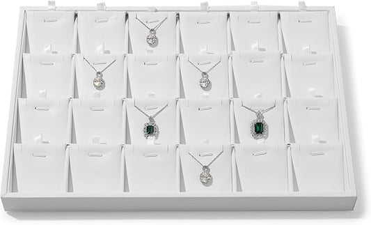 24 Grids White Leather Necklace Tray Jewelry Display Organizer Tray Drawers With Removable Jewellery Cards Necklace Bracelet Pendant Holder