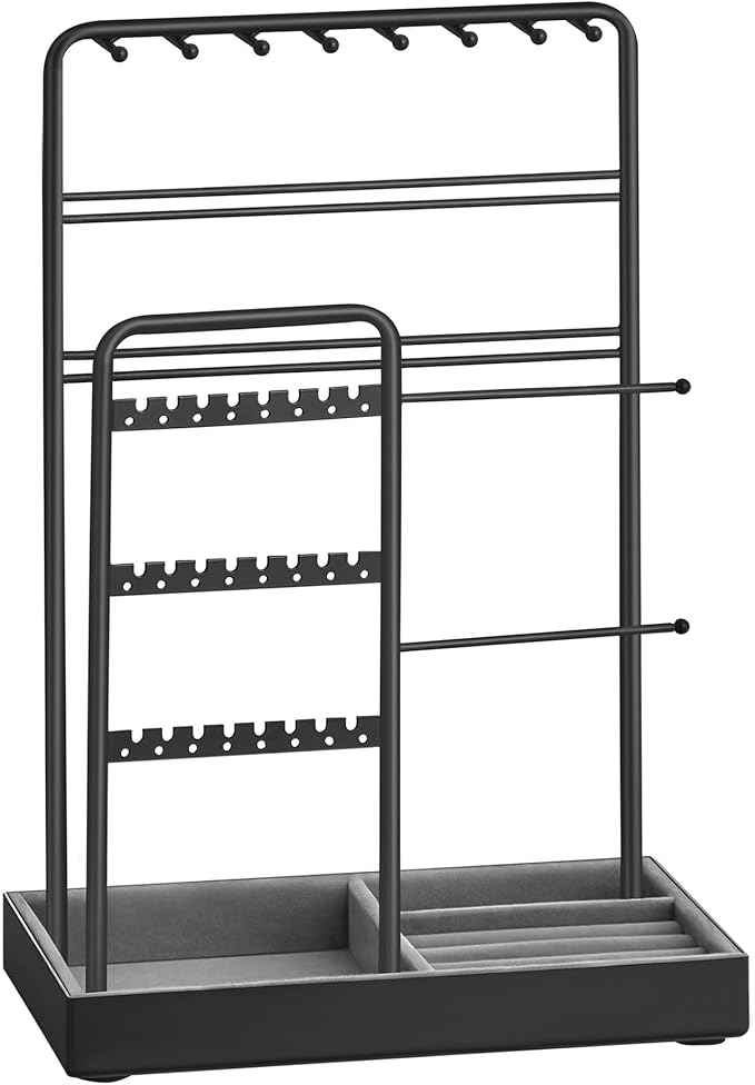 SONGMICS Jewelry Holder, Jewelry Organizer, Jewelry Display Stand with Metal Frame, Velvet Tray, Necklace Earring Bracelet Holder, for Studs, Rings, Gift Idea, Ink Black UJJS021B01