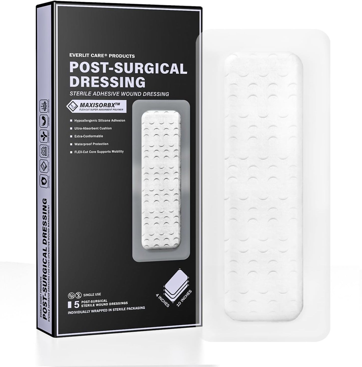 EVERLIT Post-Surgical Dressing | Sterile Waterproof Adhesive Dressing for Post-Operative Wound Care | Hypoallergenic Silicone Coated Bandage for Surgical Incision Pack of 5 (4" x 10")