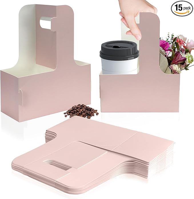 2 Cup Disposable Drink Carrier for Delivery with Handle,15 Count Pink Paperboard Cup Holder,Cup Carriers for Hot or Cold Drinks,Coffee Carrier, Food Delivery,Take Out Cup Carriers (Pink, 15 PCs)