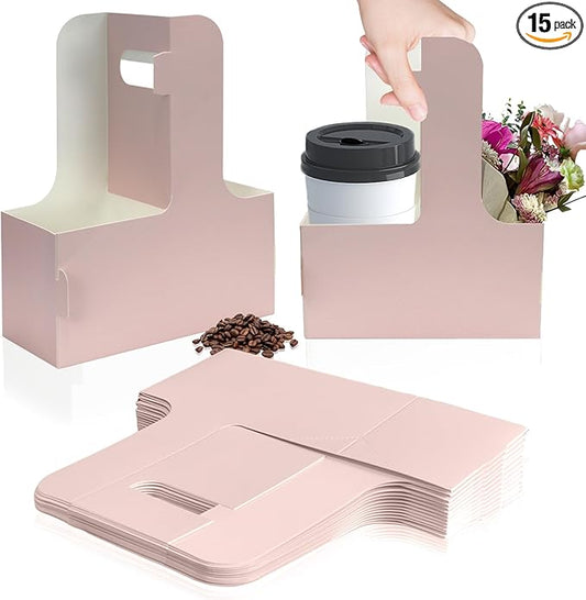 2 Cup Disposable Drink Carrier for Delivery with Handle,15 Count Pink Paperboard Cup Holder,Cup Carriers for Hot or Cold Drinks,Coffee Carrier, Food Delivery,Take Out Cup Carriers (Pink, 15 PCs)