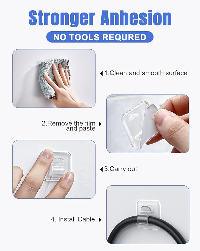 LZC Hooks for Outdoor String Lights Clips: 20 Pack Large Clear Rectangle Outdoor Light Clips Waterproof Adhesive Strips - Heavy Duty Outside Hanging Cable Rope Light Holders Organizer