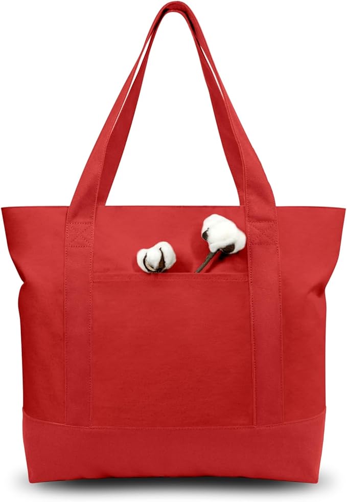 TOPDesign 1-Pack Canvas Tote Bags with an External Pocket, Reusable Grocery Shopping Bags, Top Zipper Closure, Daily Essentials (Red)