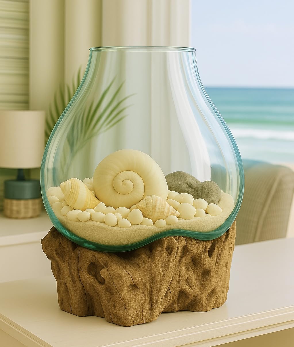 OMA Hand Blown Molten Glass on Driftwood Terrarium Vase or Planter – Recycled Glass & Natural Wood for Coastal & Boho Home Décor (12"–14" High)